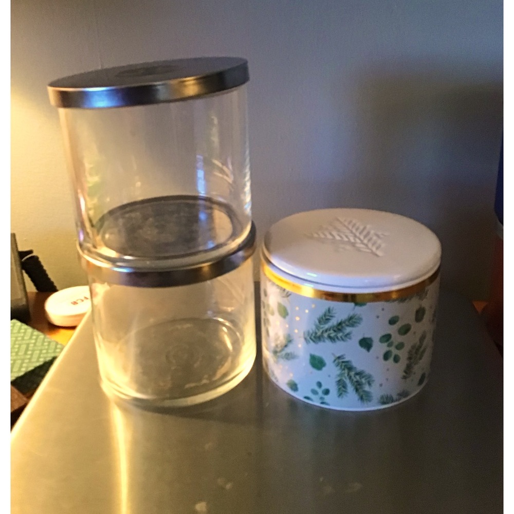 LOT OF 3 GLASS & CERAMIC CANDLE JARS